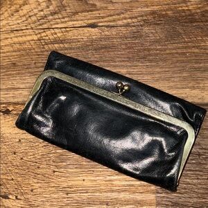 HOBO Black Leather Clutch with Gold Trim